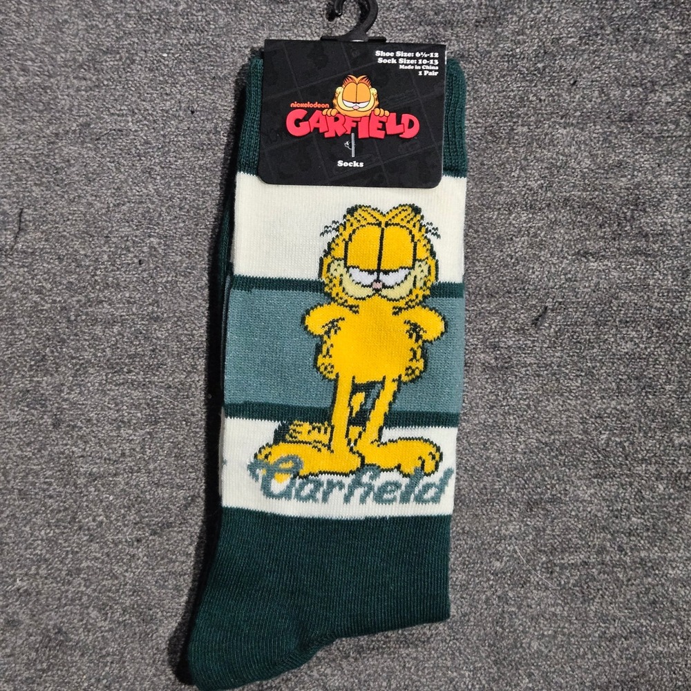 Nickelodeon Garfield Mens Crew Socks Green Striped Graphic Shoe Size 6.5-12 NEW